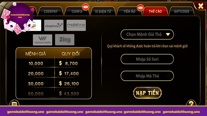 Chỉ từ 10K bet thủ có thể chuyển tiền vào hệ thốn